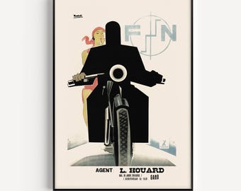 Stampa giclée vintage Art Déco MOTOCICLETTA PARIGI DECOR anni '30, alta qualità, pronta per la cornice, formato Ikea Ribba