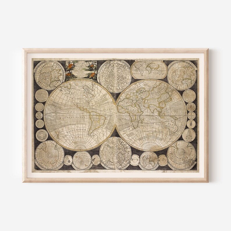 Mapa antiguo del mundo, mapa de viajes, arte mural náutico, decoración del hogar con mapa antiguo, reproducción profesional, póster para viajeros, década de 1900. imagen 1