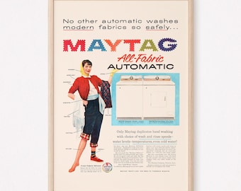 Retro WASHER AND DRYER Ad, Retro Mid-Century Ad, Retro Laundry Room Art, Laundry Room Kitsch, Retro Poster, Vintage Ad, 1950s