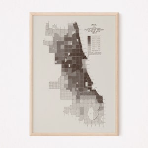 CARTE DE LA POPULATION DE CHICAGO, carte vintage de Chicago, carte de Chicago antique, art de la carte vintage, art mural de Chicago Illinois, données du recensement de 1930