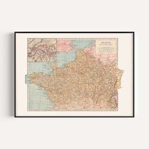 Alte FRANKREICH NORD KARTE, Vintage Landkarte von Frankreich, französisches Dekor, Retro Wanderlust Poster, Europäisches Reiseplakat, 1921