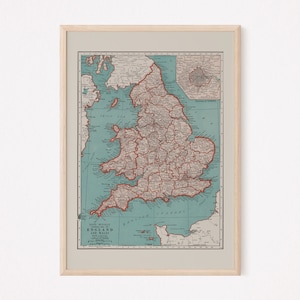 VINTAGE ENGLAND MAP, Vintage Map of England Wall Art, Vintage Map Reproduction, Old England Map, Retro England Map