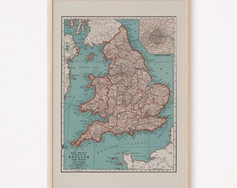 VINTAGE ENGLAND MAP, Vintage Map of England Wall Art, Vintage Map Reproduction, Old England Map, Retro England Map