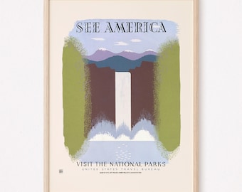 Poster NATIONAL PARKS VS, vintage Amerikaanse reisafdruk, poster Amerikaans toerisme, retro reiskunst, zie Amerika, jaren 1930, 1940