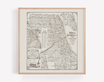 May include: A vintage map of Cook County, Illinois, showing the city of Chicago in 1858. The map is in black and white and shows the roads, railroads, and towns of the area. The map is framed in a light wood frame.