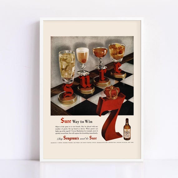VINTAGE WHISKEY PRINT, Retro Whiskey Ad, Chess Game, Reproduction, 1950s, Bar Decor Wall Art, Home Bar Decor