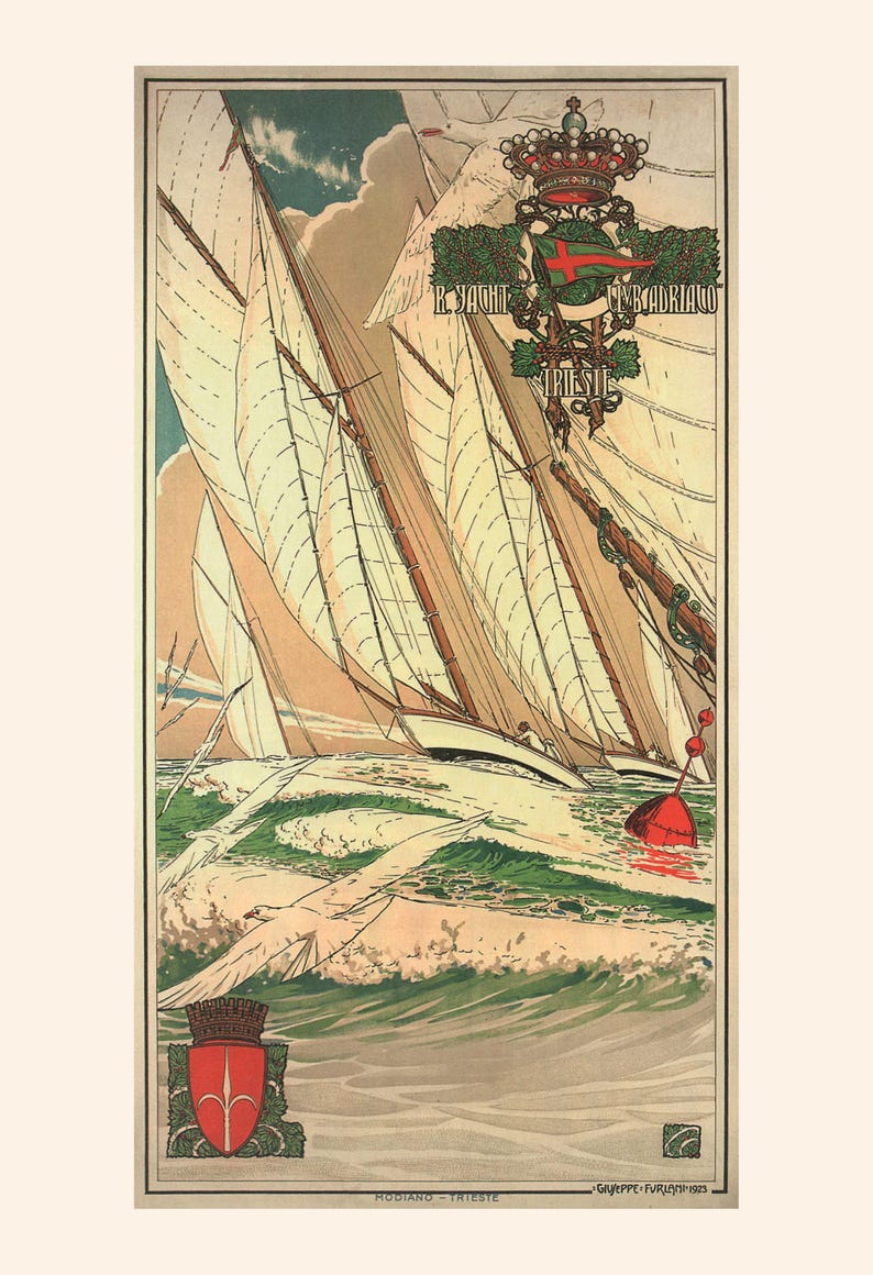 ITALY TRAVEL POSTER, Nautical Wall Art, Yacht Club Adriaco Trieste, 1923, Antique Italian Decor, Ship Poster, Boat Print, Exploration Art image 7