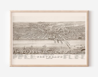 ANTIQUE CLEVELAND MAP, Vintage Map of Cleveland Ohio, Old Map Print, Vintage Wall Art, Antique Map, Perspective Map of Cleveland