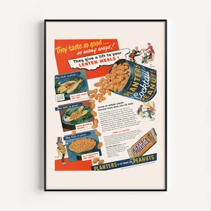 VINTAGE PEANUTS AD, Retro Peanuts Poster, Retro Ad, 1950s, Kitchen Poster, Peanut Lover Gift, Kitsch Food Wall Art