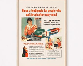 RETRO TOOTHPASTE AD, Vintage Bathroom Decor, Vintage Ad, Dentist's Wall Art, Retro Mid-Century Ad, High Quality Reproduction