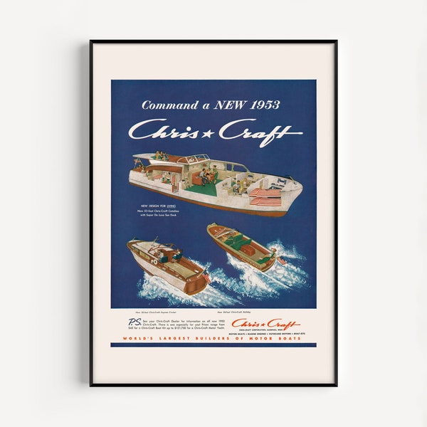 AFFICHE DE BATEAUX À MOTEUR, impression de publicité vintage, publicité de bateau des années 1950, décoration nautique classique, affiche Mid-Century, affiche de bateau rétro, art mural bateau