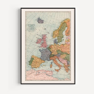 Ancienne carte de l'Europe de l'Ouest, carte vintage de l'Europe de l'Ouest, affiche de voyage rétro, décoration de chambre à coucher envie de voyager, décoration de petite maison, 1921