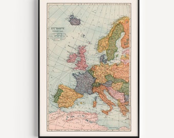 Old WESTERN EUROPE MAP, Vintage Map of Western Europe, Retro Travel Poster, Wanderlust Bedroom Decor, Small House Decor, 1921