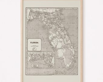 VINTAGE FLORIDA KAART, vintage muurkunst Florida, antieke poster Florida, professionele reproductie, minimalistische kaart