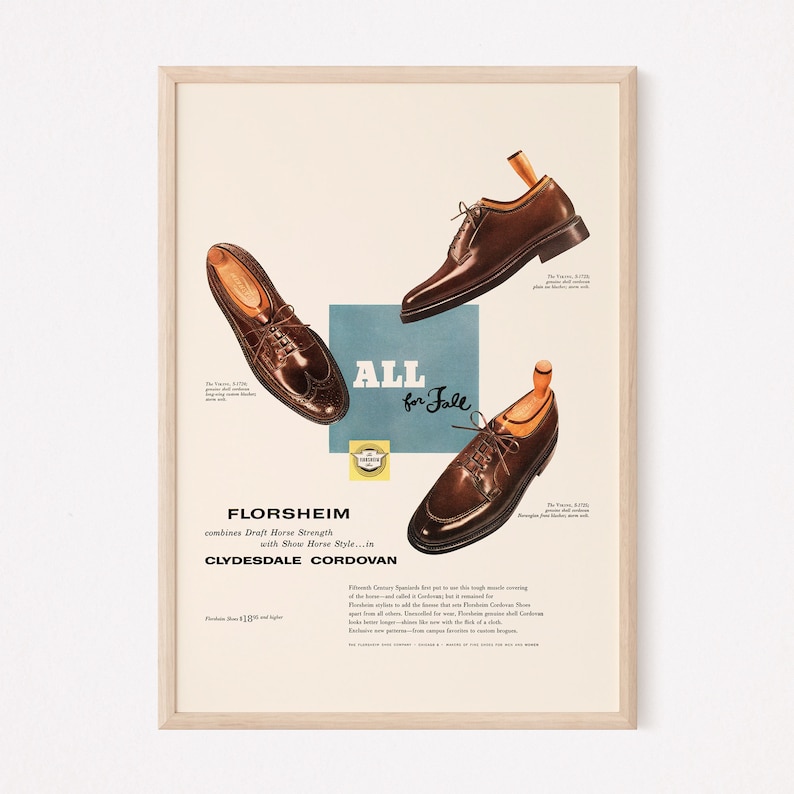 VINTAGE MEN'S SHOES Print, Retro Leather Shoes Ad, Gentleman Fashion Art Retro Advertisement 1950s Fashion Ad image 1