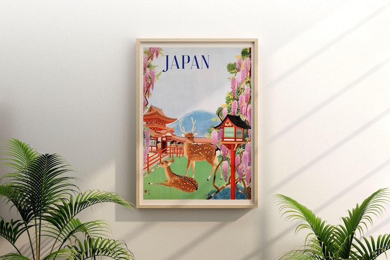 NARA JAPAN PRINT, Vintage Japanese Tourism Poster with Deer Park Scene, Travel Art, Reproduction Giclee image 3