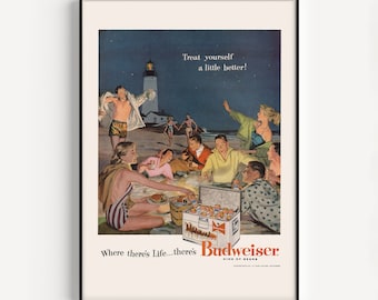 VINTAGE Beer at the Beach Ad, Retro Beer Ad Poster, Barware Poster, Feel Good Print, Beer with Friends Print, High Quality Reproduction