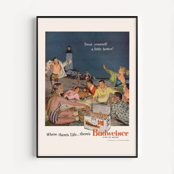 VINTAGE Beer at the Beach Ad, Retro Beer Ad Poster, Barware Poster, Feel Good Print, Beer with Friends Print, High Quality Reproduction