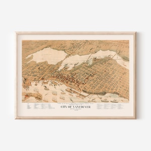 CARTE ANTIQUE de VANCOUVER, carte vintage de Vancouver, Colombie-Britannique, impression de carte ancienne, art mural historique, décoration de salon, carte en perspective