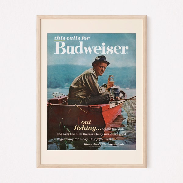 RETRO BEER AD, Vintage Beer Ad, Vintage Fishing Poster, Retro Kitsch Poster, Man Cave Wall Art, Vintage Barware, Bar Poster, Ribba Size