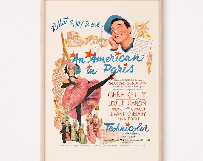 VINTAGE MOVIE POSTER, An American in Paris Movie Ad, 1950s Retro Ad, Film Poster, Fun Gene Kelly Movie Poster