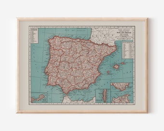 SPAIN MAP PRINT, Vintage Map of Spain, Antique Map Print, Historical Wall Art, Spain Portugal Map, Vintage Spain Map