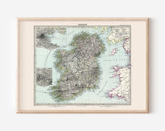 IRELAND MAP PRINT Antique Wall Art, Vintage Map of Ireland, Irish map Print Map Antique Travel Art Ireland Poster Irish Print Dublin