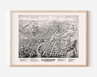 PAWTUCKET PERSPECTIVE MAP,  Antique Rhode Island Reproduction Print, Historical Wall Art, Bird's Eye View