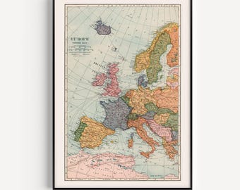 Old WESTERN EUROPE MAP, Vintage Map of Western Europe, Retro Travel Poster, Wanderlust Bedroom Decor, Small House Decor, 1921