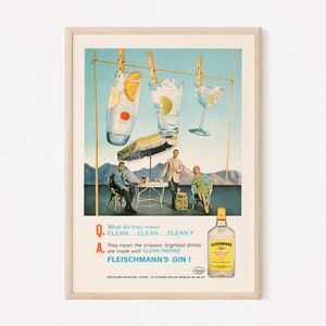 VINTAGE GIN AD, Retro Kitsch Gin Ad, Bar Poster, 1950s Old Bar Decor, Old Retro Ad, Home Bar Art