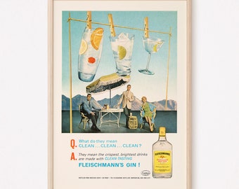 VINTAGE GIN AD, Retro Kitsch Gin Ad, Bar Poster, 1950s Barware Wall Art, Old Bar Decor, Old Retro Ad, Home Bar Art
