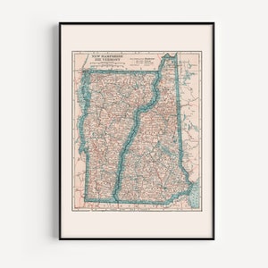 Ancienne carte du NEW HAMPSHIRE et du VERMONT, carte vintage du Vermont, art mural de carte rétro, affiche de géographie, art de voyage, cadeau pour mari, 1921