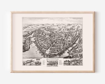 NEW LONDON Perspective Map, Antique Connecticut Print, Bird's Eye View, Early Americana, New England Map, Home Decor