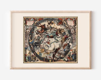ANTIQUE ZODIAC ART, Astrology Print, Colorful Star Map, Zodiac Sign Gift, Ancient Astrology Diagram, Astrological Wall Art
