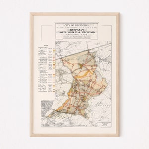 CARTE VINTAGE DE BIRMINGHAM, carte rétro de Birmingham en Angleterre, carte rétro, reproduction professionnelle, carte minimaliste
