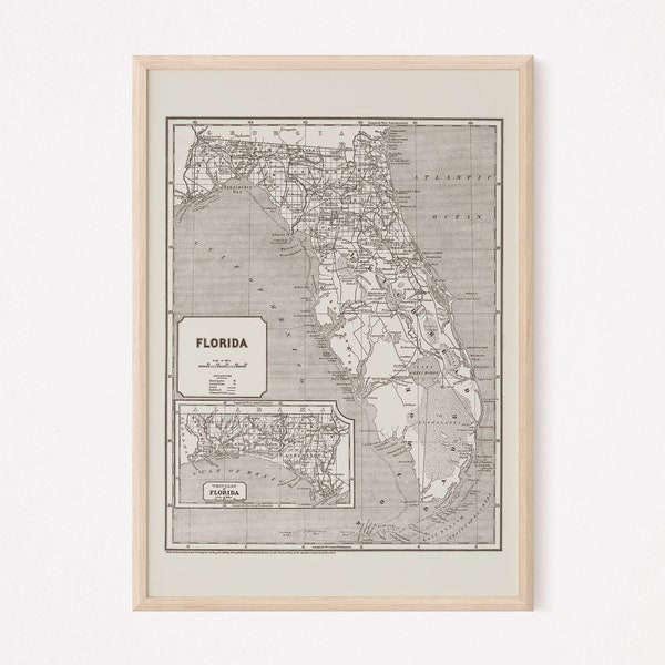 VINTAGE FLORIDA MAP, Vintage Florida Wall Art, Antique Florida Poster, Professional Reproduction, Minimalist Map