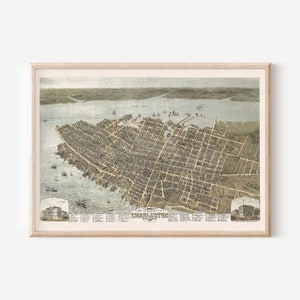 ANTIKE CHARLESTON KARTE Wandkunst, Vintage Karte von Charleston, alte Karte Druck, Vintage Wandkunst, antike Karte, S.C. Vogelaugen Ansicht Karte