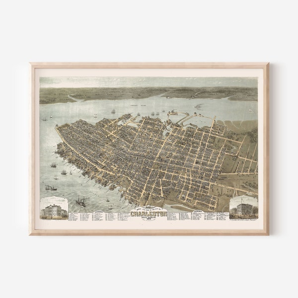 ANTIQUE CHARLESTON MAP Wall Art, Vintage Map of Charleston, Old Map Print, Vintage Wall Art, Antique Map, S.C. Birds Eye View Map