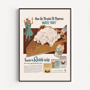 Anuncio de crema batida, impresión vintage, póster de pastel de calabaza de los años 50, póster de postre kitsch, decoración clásica, póster de mediados de siglo, póster retro