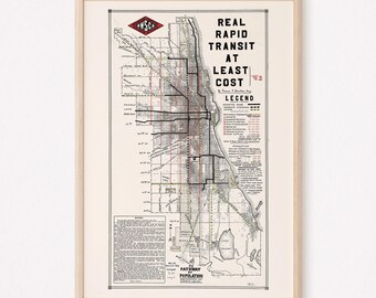 Plattegrond van de metro van Chicago, retro plattegrond van Chicago, professionele reproductie, minimalistische kaart