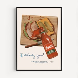 VINTAGE AD PRINT, Retro Ketchup Ad, Catsup Ad, Food Poster, Sandwich Poster, Poster Reproduction, 1950s