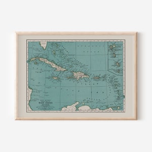 Carte des Caraïbes, cartes vintage de Cuba, de la Jamaïque, des Bahamas, de Porto Rico, de la République dominicaine, d'Haïti, des impressions de carte, de l'art mural historique