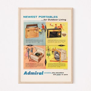 RETRO PORTABLE ELECTRONICS Ad, Vintage Radio Print, Mid-Century Poster 1950s Tube Radio Bakelite Radio Television Turntable Ad Retro Decor