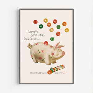 COLORFUL CANDY POSTER, Vintage Ad Print, 1950s Classic Candy Art, Classic Kids Decor, Mid-Century Poster, Retro Piggy Bank Poster