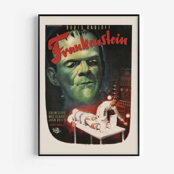 FRANKENSTEIN MOVIE POSTER, Classic Film Art, Retro Cult Movie Poster  Classic Movie Poster Art Sci-fi and Fantasy Film Poster Atomic Age 
