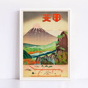 JAPAN TRAVEL POSTER, Vintage Japanese Travel Print, Yamanashi Prefecture, Japan Art Print, Japanese Travel Poster, Moutains and Fields