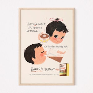 CUTE RETRO KIDS Ad, Vintage Kitchen Poster, Instant Chocolate Ad, Retro Kids Cartoon Kitchen Wall Art, Kitchen Retro Wall Art