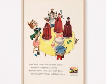 VINTAGE DESSERT AD, Retro Dessert Poster, Vintage Kitchen Art, Mid Century Poster, Kitsch 1950s Art Print, Retro Cat Cartoon Wall Art