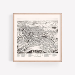 DOVER PERSPECTIEVE KAART, Strafford County, New Hampshire, 1877, American Travel Print, Bird's Eye View, reproductie