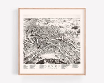 DOVER PERSPECTIVE MAP, Strafford County, New Hampshire, 1877, American Travel Print, Bird's Eye View, Reproduction